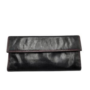 Vintage Tusk Black Red Genuine Leather Slim Trifold Snap Button Wallet Classic